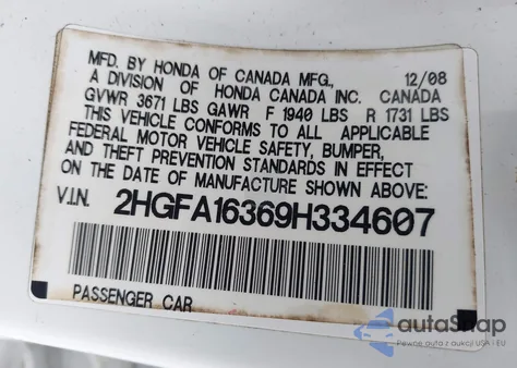 2009 Honda Civic Vp из США, поврежденный, VIN 2HGFA16369H334607